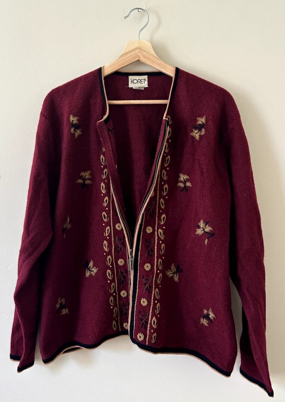 Vintage 90s Embroidered Fall Leaves Foliage Full-zip 100% Wool Sweater Womens XL